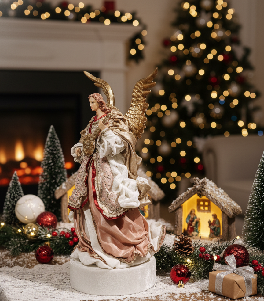 Christmas Angel Figurine with Harp, Elegant Holiday Decoration, Guardian Angel Statue, Luxury Christmas Decor